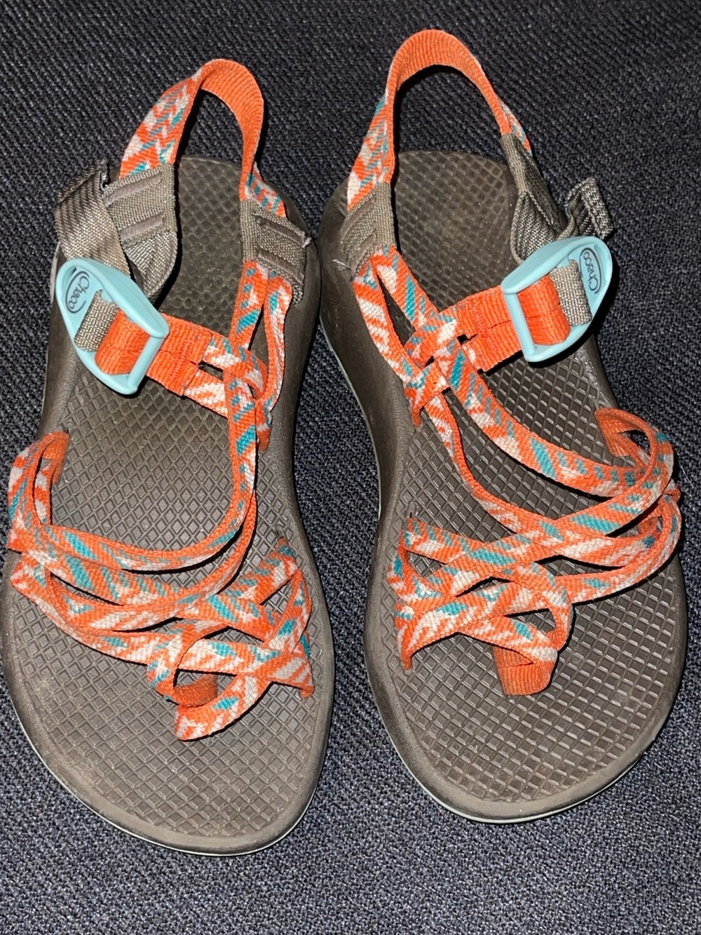 Chaco Women’s Orange Multi Strap Sandals with Aqua Buckles